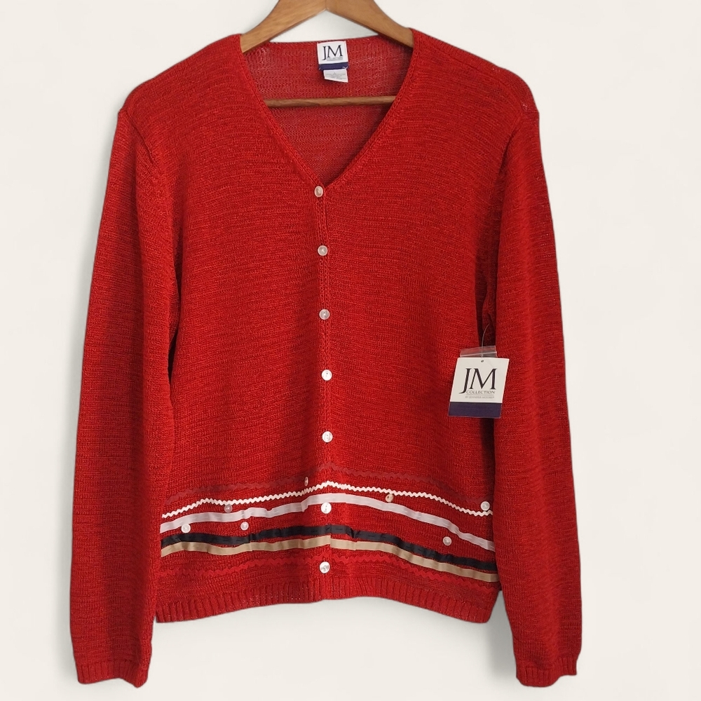 Vintage JM Collection Size Large Red Knit Embellished Retro Cardigan NWT